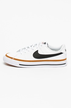 Nike, Pantofi sport cu insertii de piele Court Legacy, Alb optic/Negru/Maro caramel Nike, Pantofi sport cu insertii de piele Court Legacy, Alb optic/Negru/Maro caramel