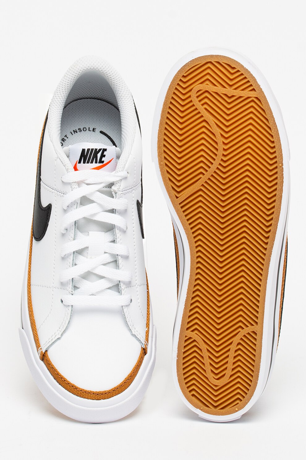 Nike, Court Legacy sneaker bőrbetétekkel, Fehér/Fekete/Karamellbarna, 36 EU  - eMAG.hu