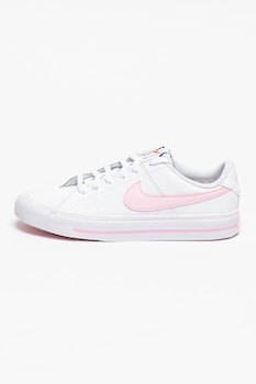 Nike, Pantofi sport cu insertii de piele Court Legacy, Alb/Roz pastel