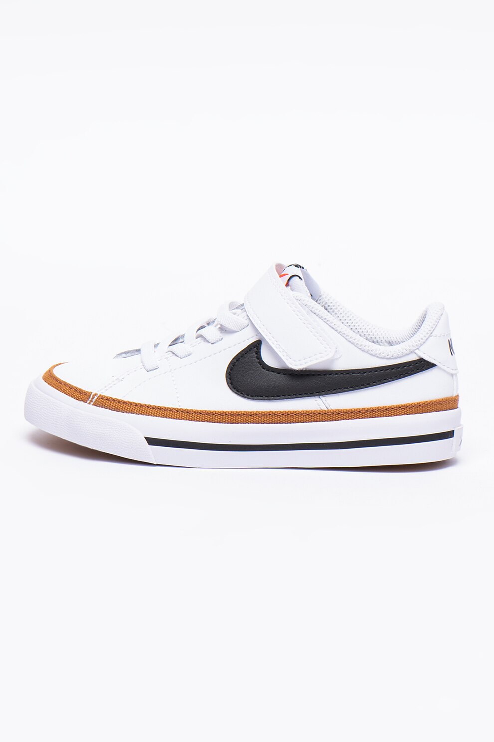 Nike, Pantofi sport Court Legacy din piele cu inchidere velcro si garnituri din material textil, Alb, Negru, Maro, 29.5 EU