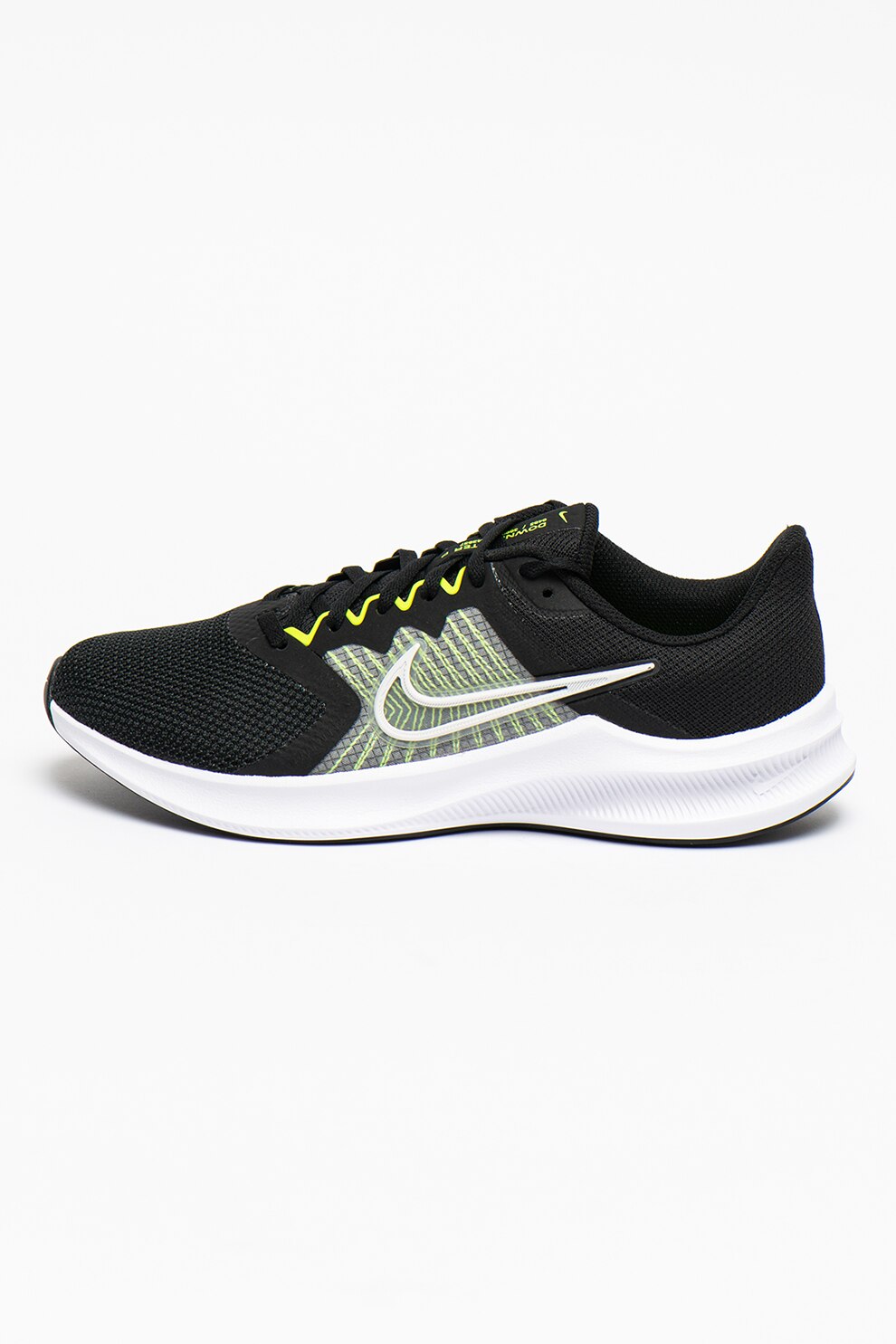 Nike, Pantofi low-top de plasa Downshifter 11, Negru/Alb/Verde electric