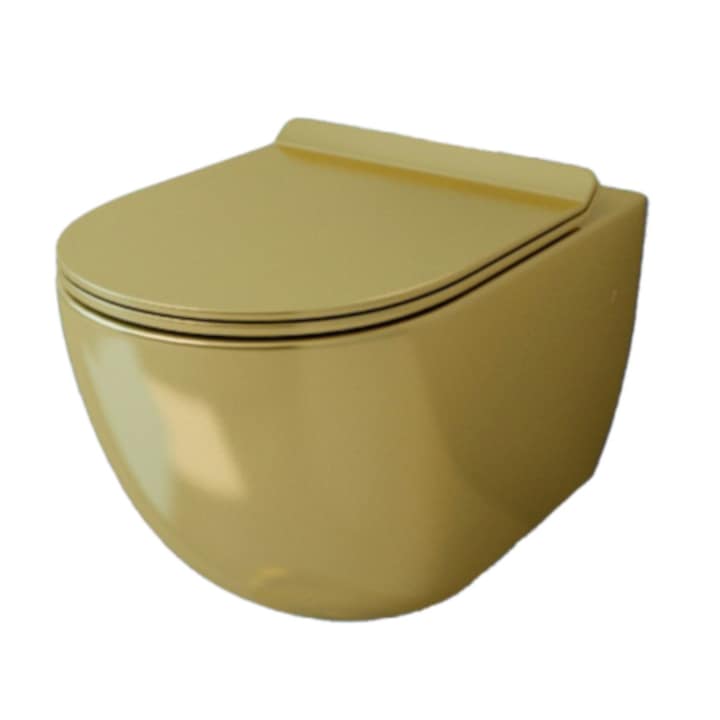 EGO Interiors Fiore Perem nélküli WC-csésze, Aranyszínű, Fényes, 55,5 x 36,5 cm, Függesztett rögzítés, Vékony, Puha zárású duroplast fedél
