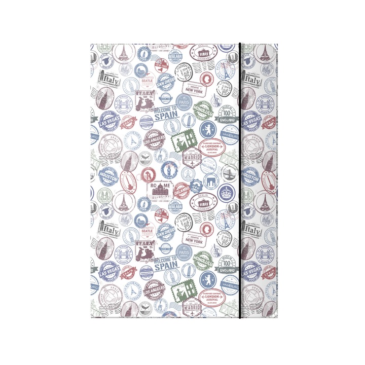 Конферентна папка Travel Stamps, А4, Гланциран ламиниран картон, С ластик