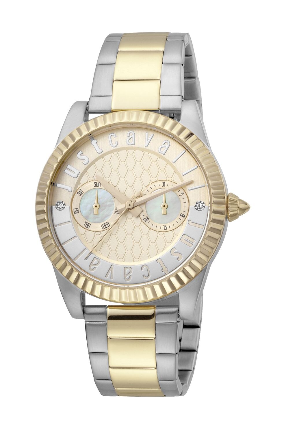 JUST CAVALLI, Ceas cu functii multiple si detalii mother of pearl, Argintiu/Auriu