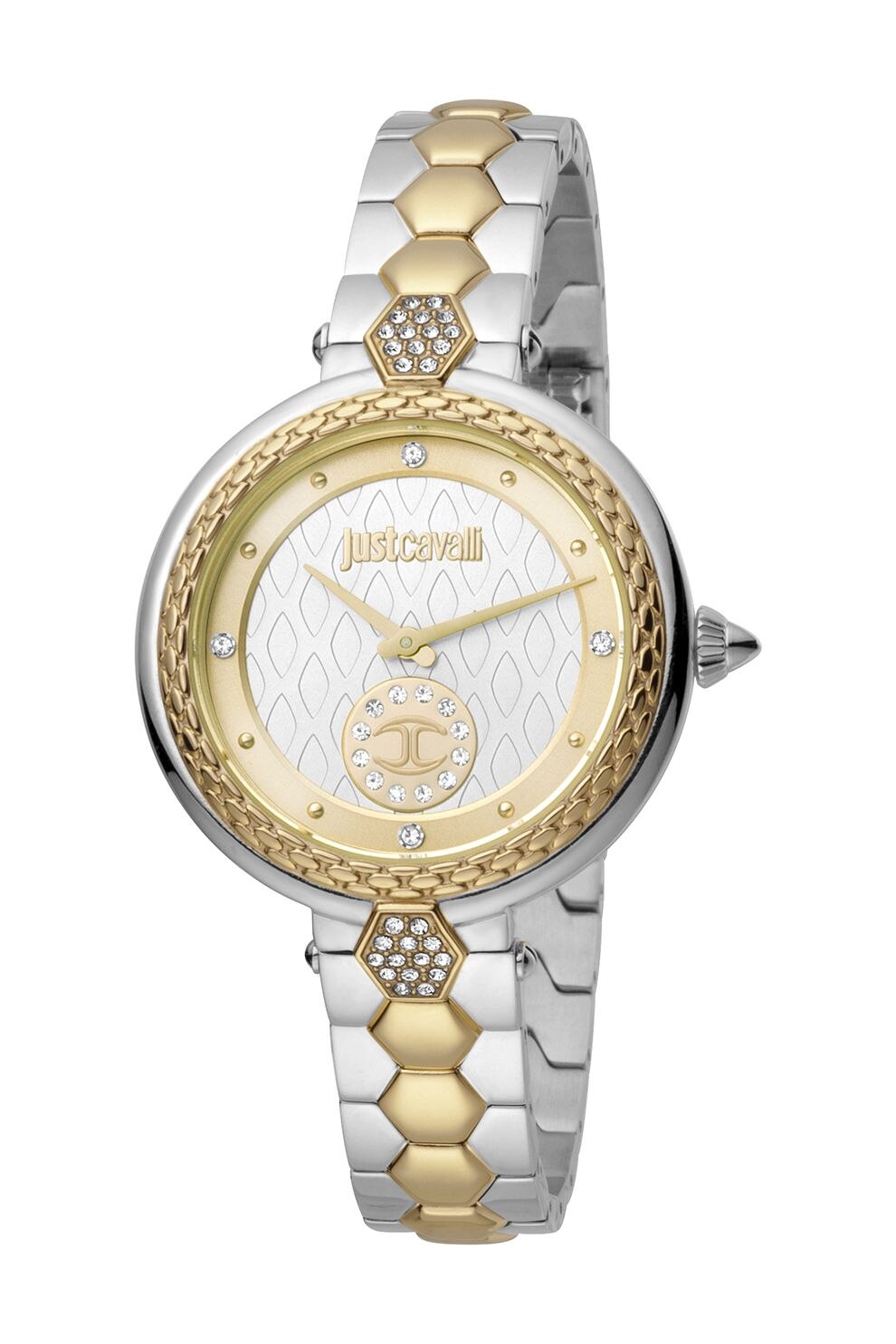 JUST CAVALLI, Ceas in doua culori, cu cristale, Argintiu/Auriu