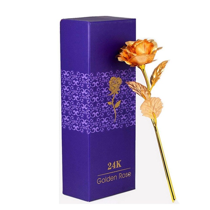 Trandafir decorativ placat cu aur 24K, 25 cm, Auriu