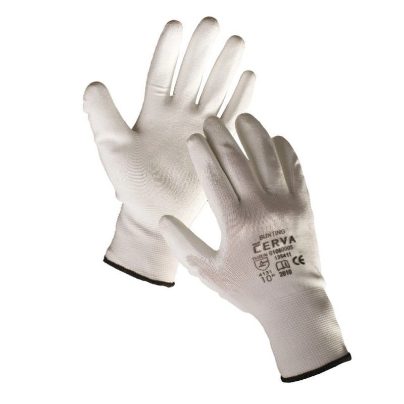 Set 12 perechi manusi de protectie, Bunting, acoperite partial cu un strat de poliuretan, culoarea alba, marimea 9/L