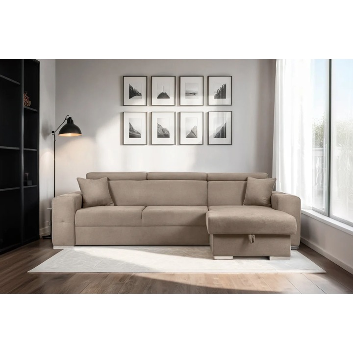 Coltar Extensibil BELLAGIO, 280x170x100 cm, cu tetiere reglabile si lada de depozitare, sezlong interschimbabil, Bej