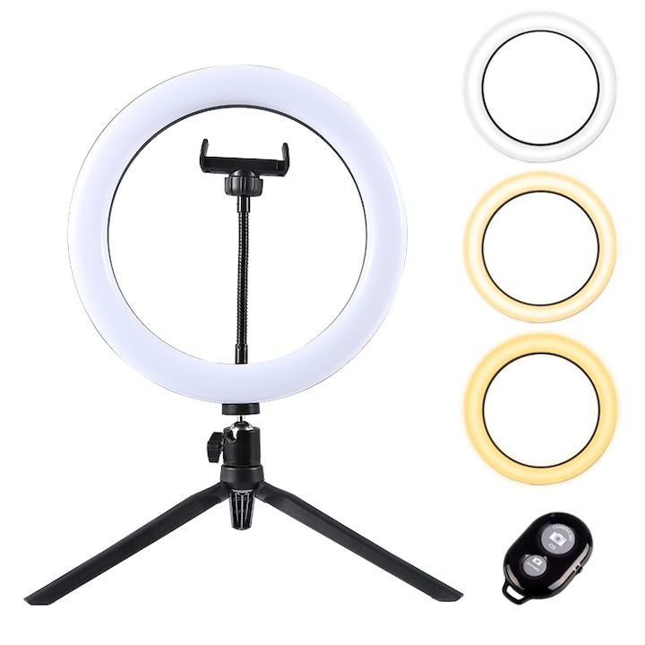 Lampa circulara Ring Light , diametru 30cm/12inch LED , conectare USB , 3 moduri de lumina , 10 trepte reglaj , suport pentru telefon , mini trepied pliabil din plastic , telecomanda bluetooth pentru selfie , RIF REFCO®