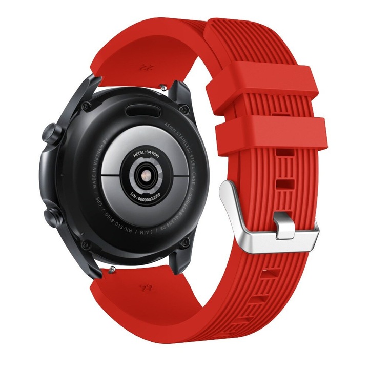 MTP Szilikon szíj, Samsung Galaxy Watch 3 45 mm kompatibilis, Szilikon függőleges csíkokkal, Quick Release teleszkóp, 22 mm, Piros