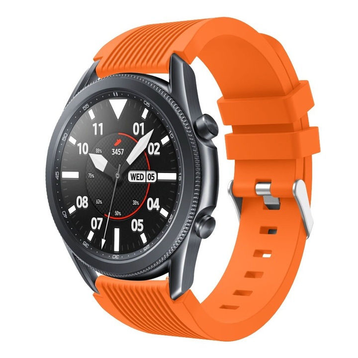 Curea din silicon, compatibila Samsung Galaxy Watch 3 45mm, Silicon cu Striatii Verticale, Telescoape Quick Release, 22mm, Orange