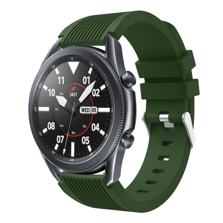 Curea din silicon, compatibila Samsung Galaxy Watch 3 45mm, Silicon cu Striatii Verticale, Telescoape Quick Release, 22mm, Army Green