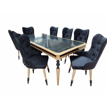 Set masa cu 8 scaune, lemn masiv, negru, 200X100 cm Set masa cu 8 scaune, lemn masiv, negru, 200X100 cm