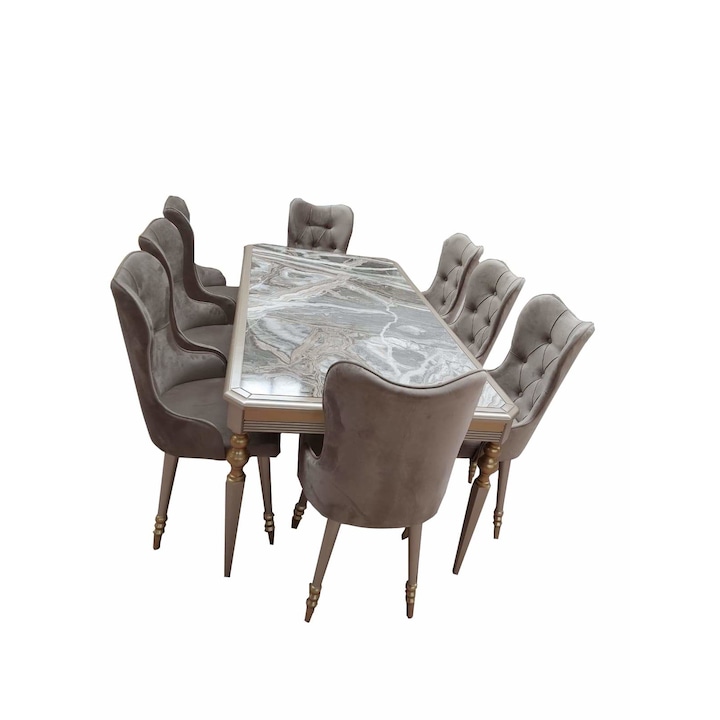 Set masa cu 8 scaune, lemn masiv, maro, 200X100 cm