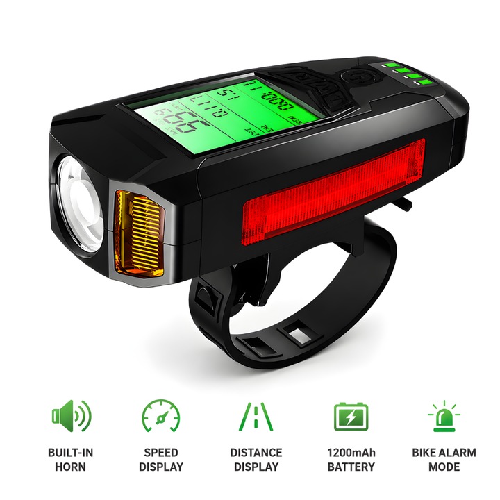 Far bicicleta cu ciclocomputer Huerler® AS-08-08, lampa XPG+COB+2835, claxon incorporat, afisare viteza, distanta, acumulator 1200mAh, incarcare USB, rezistent la apa, mod alarma bicicleta, negru