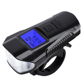 Far bicicleta cu ciclocomputer Huerler® FY-317, 1 x Cree LED + 2 x LED, claxon incorporat, afisare viteza, distanta, acumulator 1500mAh, incarcare USB, rezistent la apa, 4 moduri luminare, negru Far bicicleta cu ciclocomputer Huerler® FY-317, 1 x Cree LED + 2 x LED, claxon incorporat, afisare viteza, distanta, acumulator 1500mAh, incarcare USB, rezistent la apa, 4 moduri luminare, negru