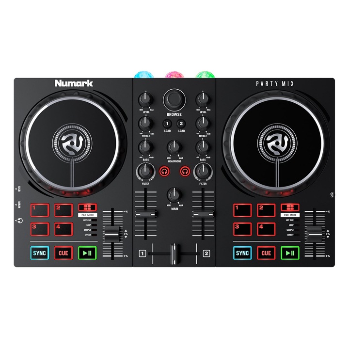 Numark Party Mix MK2 DJ konzol, 2 csatorna, érintésérzékeny joghurtok 152 mm, Scratch mód, szinkronizálás, hurok, beépített fénykészlet, 8 RGB pad, 3,5 mm-es jack kimenet, fejhallgató kimenet, Serato DJ Lite szoftver mellékelve