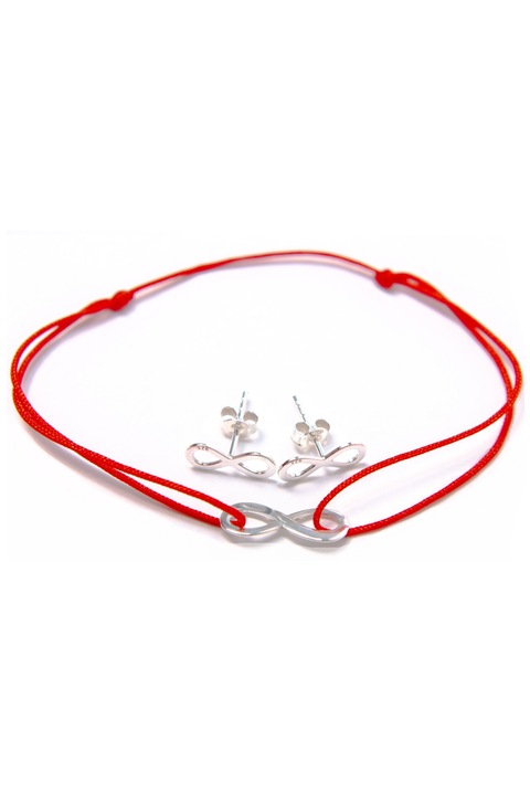 Set Cercei si Bratara Infinit, Argint 925, rosu/argintiu, reglabil