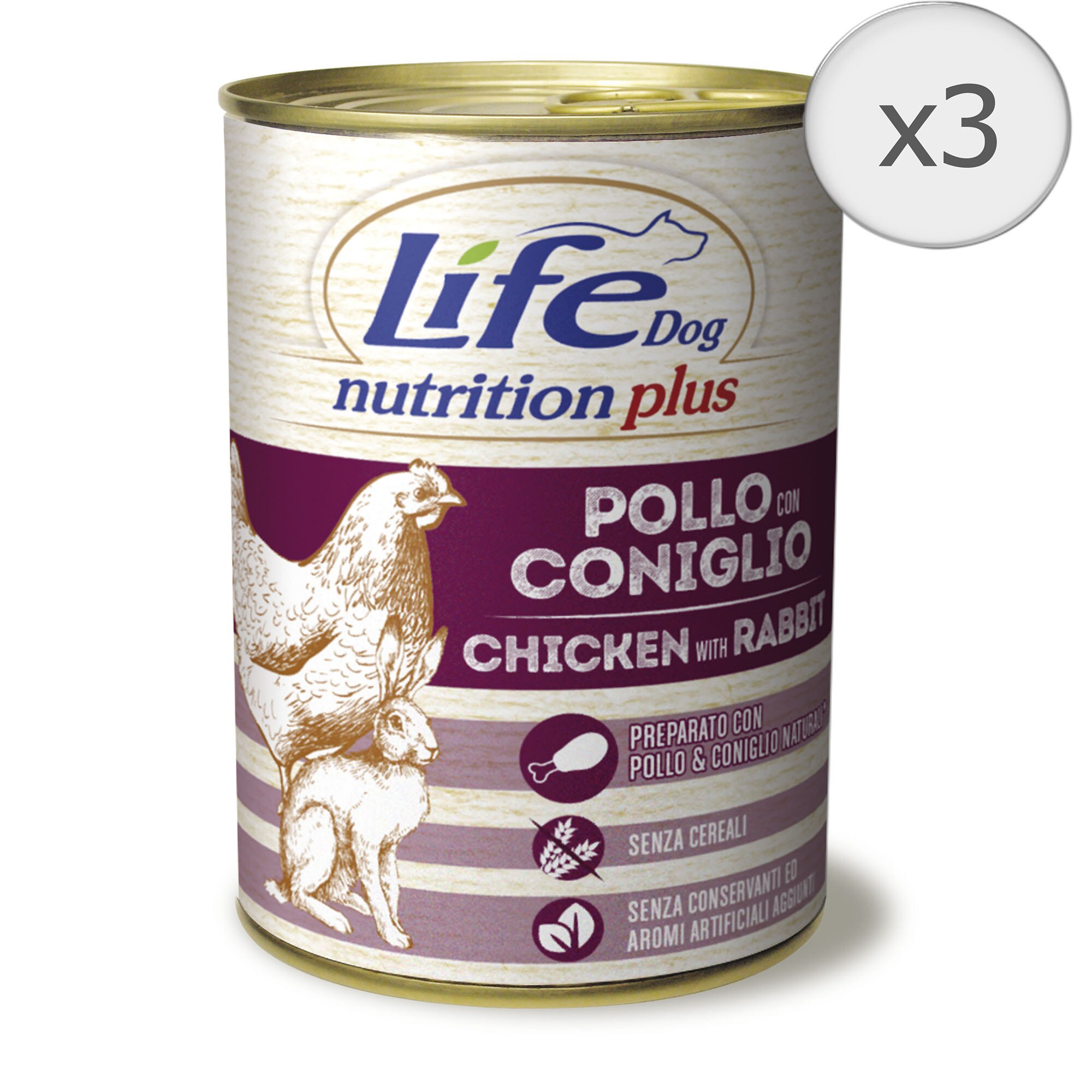 Hrana umeda pentru caini Life Pui si Iepure, 3 x 400 g