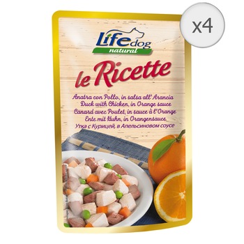 Hrana umeda pentru caini Life Le Ricette, Pui, Rata si Portocale, 4 x 95 g Hrana umeda pentru caini Life Le Ricette, Pui, Rata si Portocale, 4 x 95 g