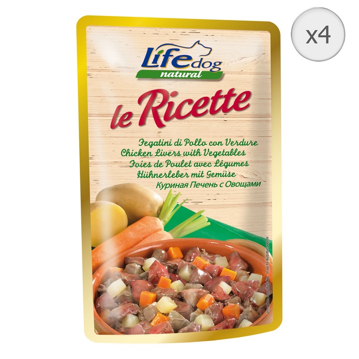 Hrana umeda pentru caini Life Le Ricette, Ficat si Vegetale, 4 x 95 g