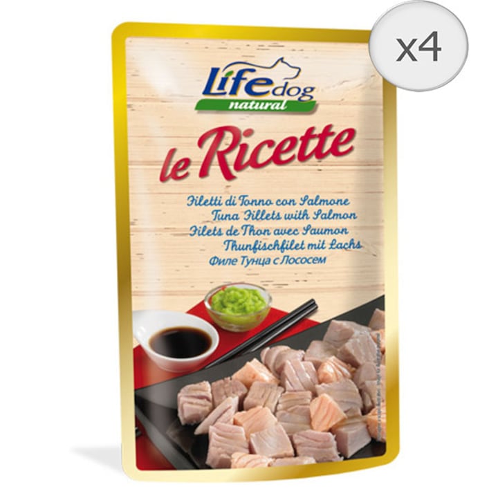 Мокра храна за кучета Life Le Ricette, Филе от риба тон и сьомга, 4 x 95 гр