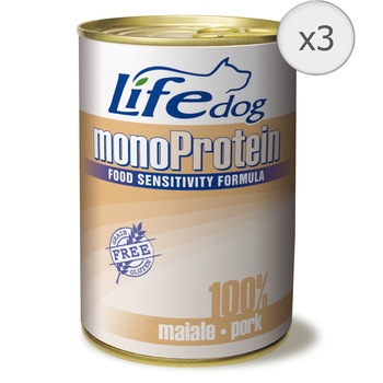 Hrana umeda pentru caini Life Monoproteic, Porc, 3 x 400 g Hrana umeda pentru caini Life Monoproteic, Porc, 3 x 400 g