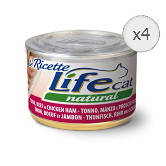 Hrana umeda pentru pisici Life Le Ricette, Ton, Vita si Sunca, 4 x 150 g