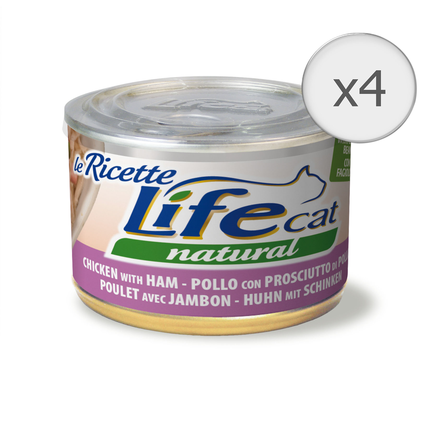 Hrana umeda pentru pisici Life Le Ricette, Pui, Sunca si Mazare,4 x 150 g