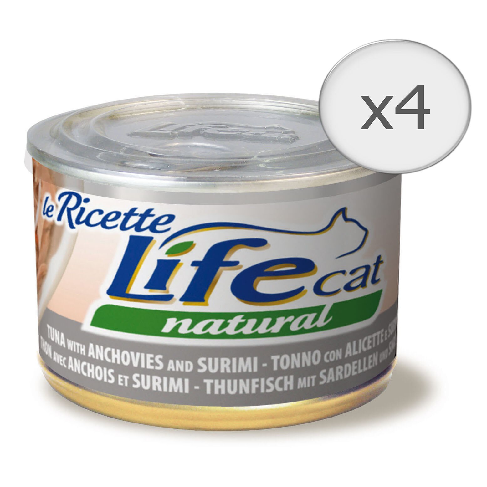 Hrana umeda pentru pisici Life Le Ricette, Ton, Ansoa si Surimi, 4 x 150 g