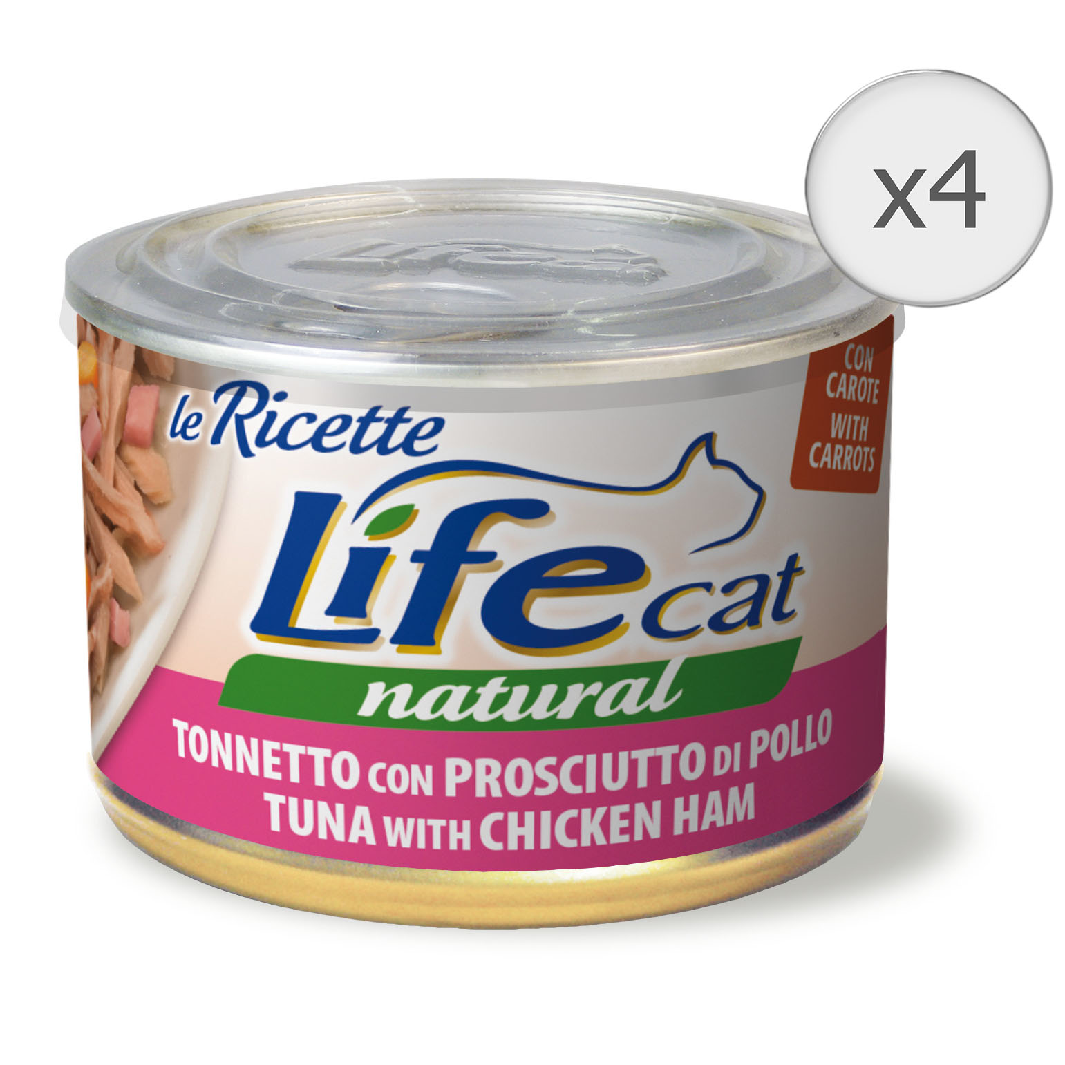 Hrana umeda pentru pisici Life Le Ricette, Ton, Sunca si Morcovi, 4 x 150 g