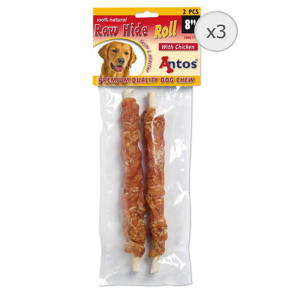 Recompense pentru caini Antos Raw Hide & Chicken Rolls, 3 x 100 g