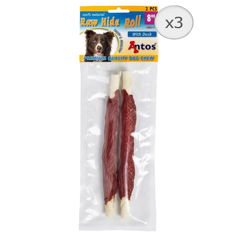 Recompense pentru caini Antos Raw Hide & Duck Rolls, 3 x 100 g