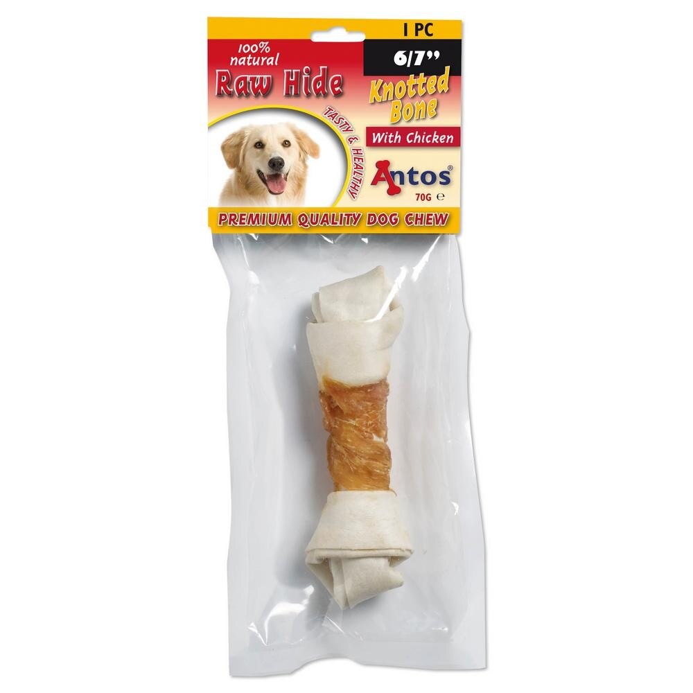 Recompense pentru caini Antos Raw Hide & Chicken Knotted, 3 x 75 g