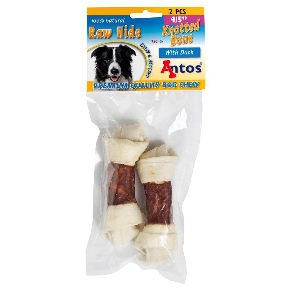 Recompense pentru caini Antos Raw Hide & Duck Knotted, 3 x 75 g