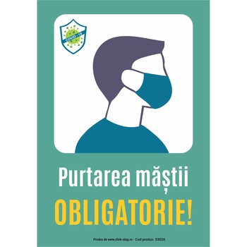 Indicator purtare masca obligatorie S3026, 140x200mm, Autocolant PVC Indicator purtare masca obligatorie S3026, 140x200mm, Autocolant PVC