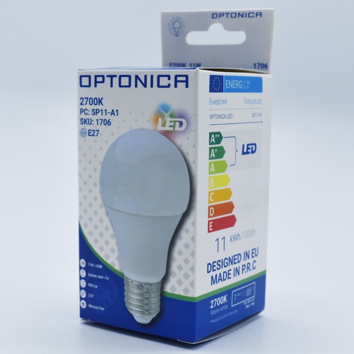 Led izzó 11W (63W), E27, A60, 950lm, meleg fény (2700K), opál, Optonica
