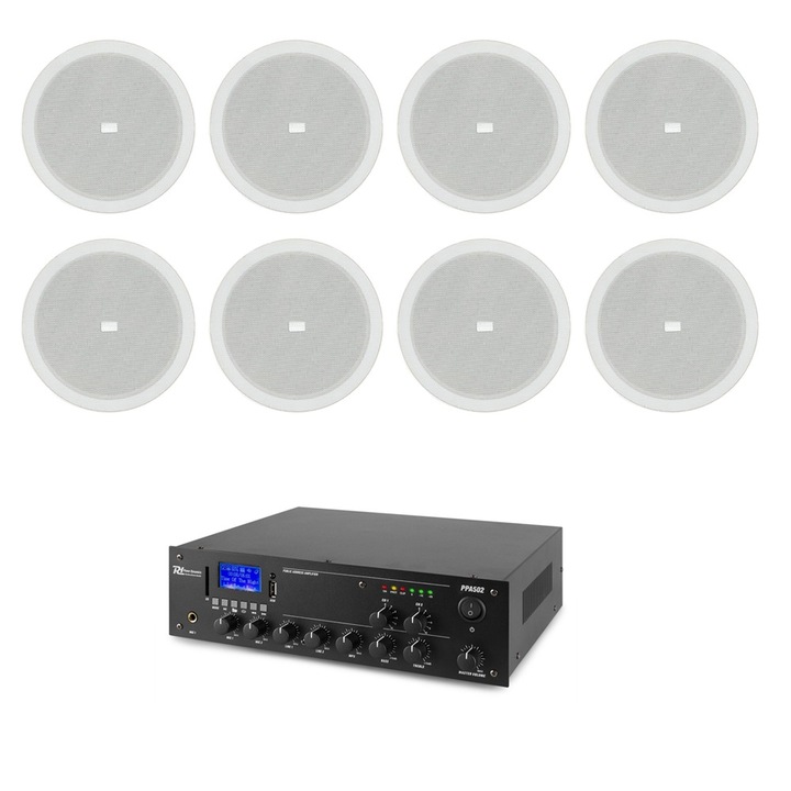 Sistem audio ambiental cu 2 zone, bluetooth, 8 boxe albe incastrabile in tavan, 1x amplificator