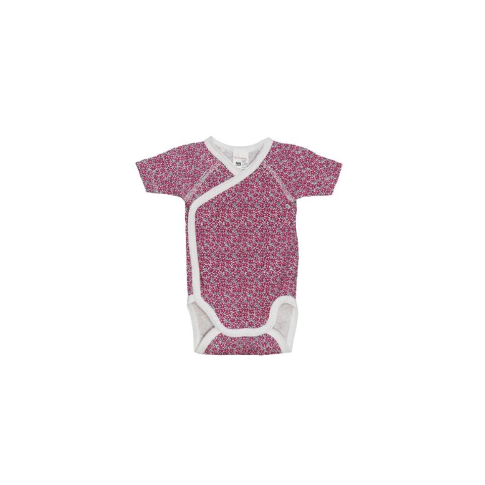 Body maneca scurta, alb cu floricele roz