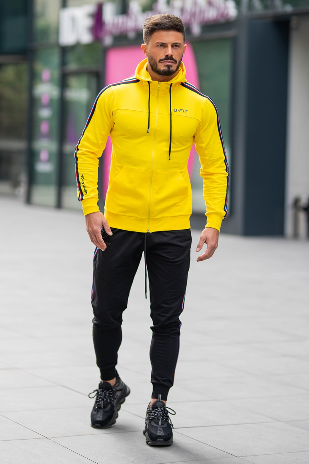 uFIT, Trening slim fit cu fermoar, Galben/Negru, 2XL