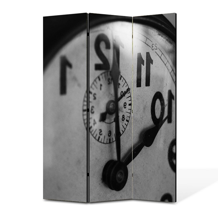 Paravan 3 piese Premium TrueColor, Art Star, Ceas fotografiat de aproape alb negru, Vintage, Panza pe cadru de lemn, Decoratiuni Moderne pentru Casa, 3 Panouri de 35x150, 105 x 150 cm