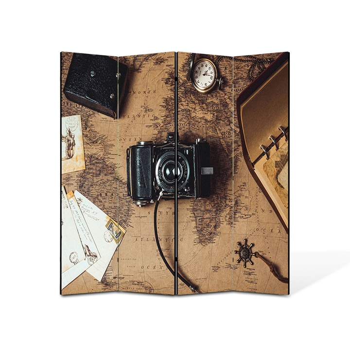 Paravan 4 piese Premium TrueColor, Art Star, Camera foto si vederi vintage, Vintage, Panza pe cadru de lemn, Decoratiuni Moderne pentru Casa, 4 Panouri de 45x180, 180 x 180 cm