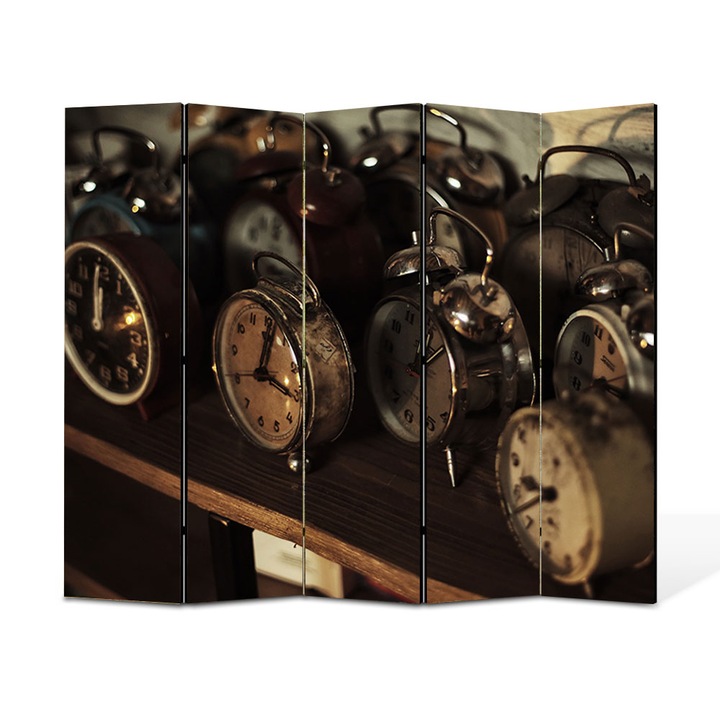 Paravan 5 piese Premium TrueColor, Art Star, Ceasuri desteptatoare vintage, Vintage, Panza pe cadru de lemn, Decoratiuni Moderne pentru Casa, 5 Panouri de 35x180, 175 x 180 cm