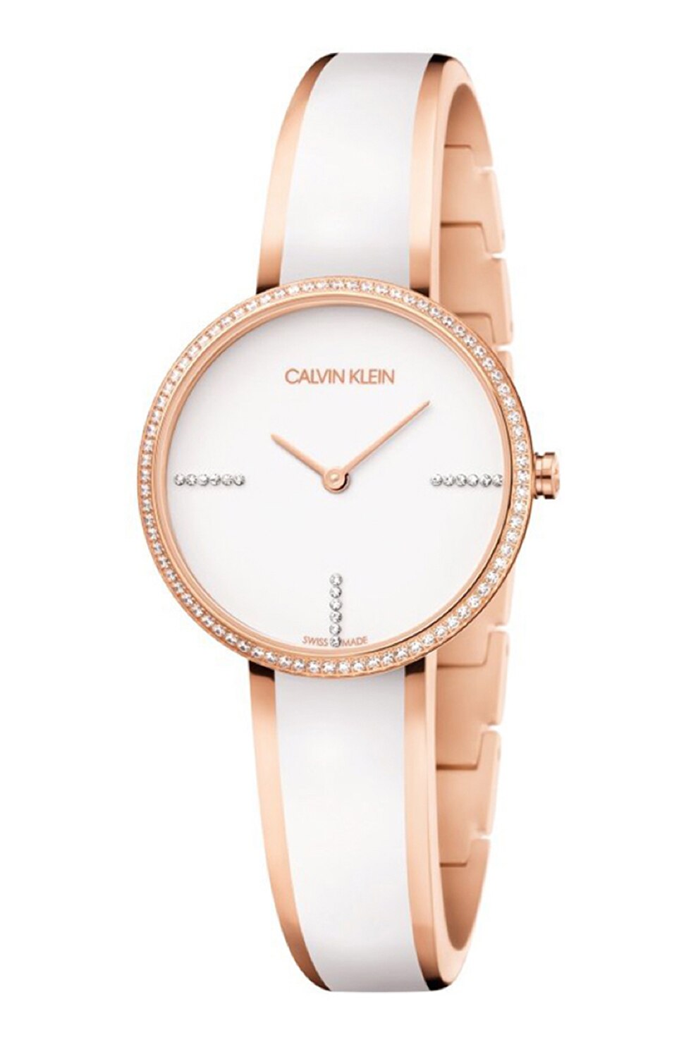CALVIN KLEIN, Ceas analog cu cristale pe cadran si coroana, Alb/Auriu rose