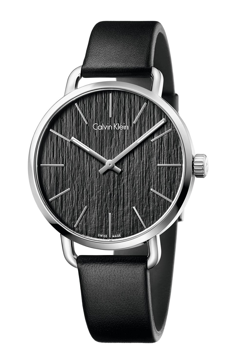 CALVIN KLEIN, Ceas quartz cu o curea de piele, Negru/Argintiu