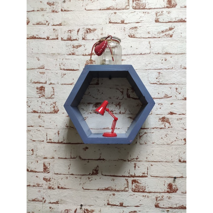 GOT WOOD, Carnival Fali polc, Hatszögletű, Méhsejt alakú, Rejtett rögzítéssel, 32,5 x 28 x 9,5 cm, Fa, Indigókék
