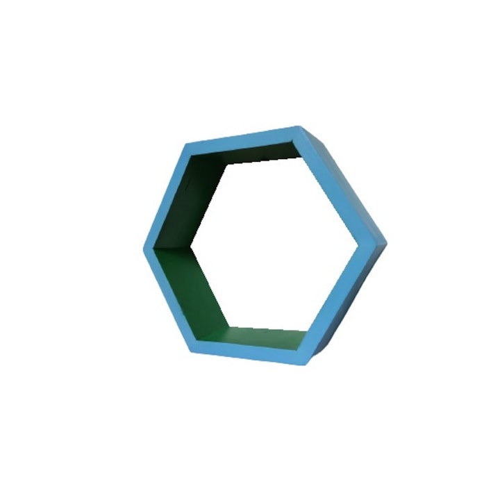 Рафт Carnival, Дървен, Стенен, Шестоъгълна форма, Тип пчелна пита, Със скрито захващане, Син / Зелен, 37.5 x 32.5 x 9.5 см