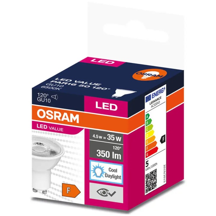 Bec LED Osram Value PAR16, GU10, 5W, 70/350lm, 230V, Lumina neutra (4000K), Reglabil la 120 de grade