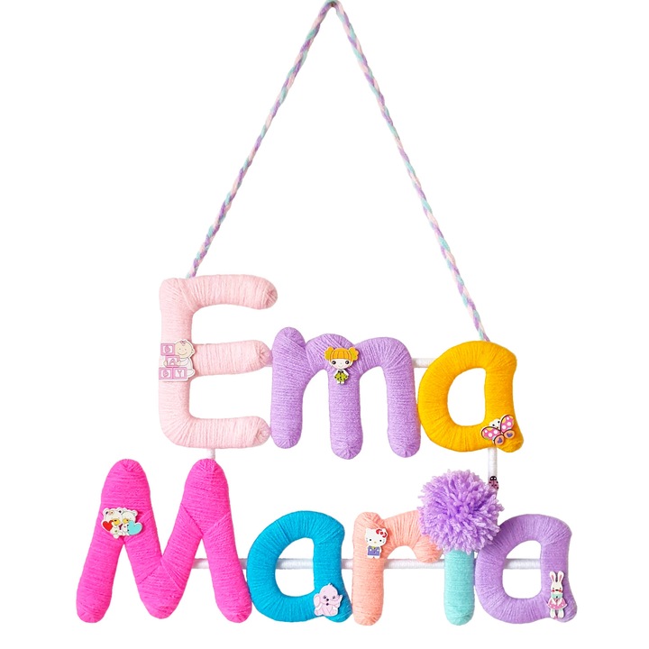 Decoratiune handmade pentru camera copilului, cu nume personalizat Ema Maria, 40x30 cm, multicolor