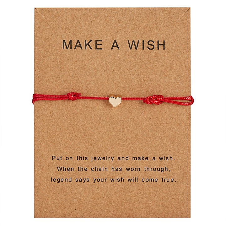 Bratara dorintelor cu snur reglabil, pandantiv in forma de inimioara placat cu aur 14k, rosu
